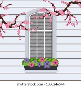 Semicircular window with flowers in a flat style. Window with shutters. Vector.