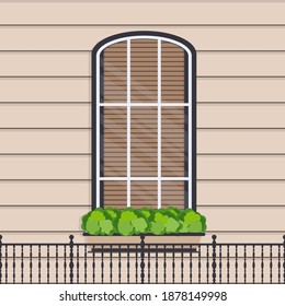 Semicircular window with flowers in a flat style. Window with shutters. Stock vector illustration.