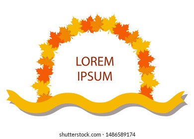 
Semicircular wreath with autumn maple leaves - orange and red. Nice half-round frame for text with ribbon. White background.