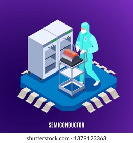 Semicondoctor isometric concept with technology and laboratory uniform symbols  vector illustration