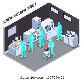 Semicondoctor production composition with technology and laboratory symbols isometric vector illustration