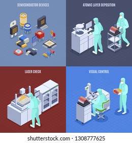 Semicondoctor production concept icons set with laser check symbols isometric isolated vector illustration svg