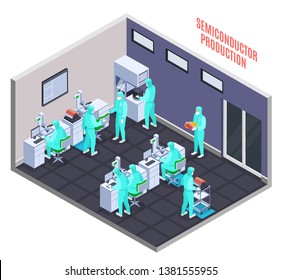 Semicondoctor production concept with technology and science symbols isometric vector illustration