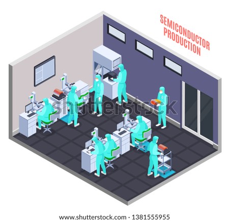 Semicondoctor production concept with technology and science symbols isometric vector illustration