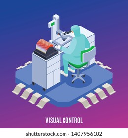 Semicondoctor production concept with visual control symbols isometric vector illustration