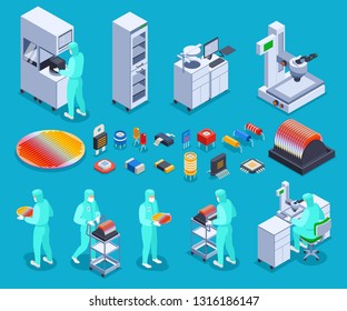 Semicondoctor production icons set with technology and science symbols isometric isolated vector illustration