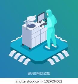 Semicondoctor production isometric composition with wafer processing symbols isometric vector illustration