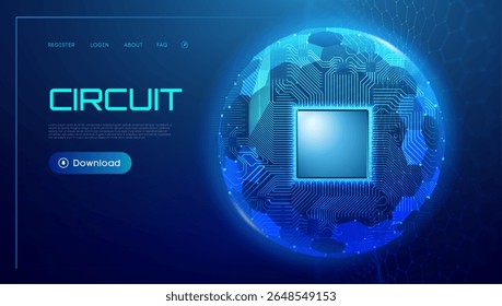 Semiconductor background with AI circuit and tech chip design in blue digital lines. Abstract board vector for cloud data or computer network concept. Futuristic microchip template with light pattern.