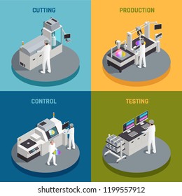 Semiconductor Chip Production Isometric 2x2 Design Concept With Images Representing Different Stages Of Silicon Chips Manufactoring Vector Illustration