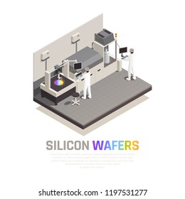Semiconductor chip production isometric background composition with editable text and people operating hi-tech robotic manipulators vector illustration