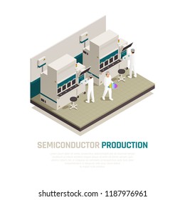 Semiconductor Chip Production Isometric Composition Background With Electronic Silicon Chip Factory Machinery Facilities And Human Workers Vector Illustration