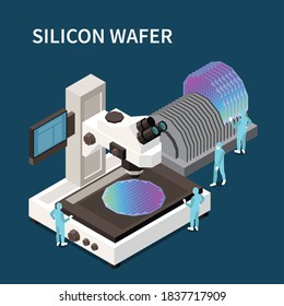 Semiconductor chip production isometric composition with editable text and factory apparatus surrounded by small worker characters vector illustration svg