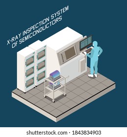 Semiconductor Chip Production Isometric Composition With Text And Factory Appliance Image With Worker In Chemical Suit Vector Illustration