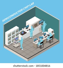 Semiconductor chip production isometric composition with text and indoor view of laboratory with workers and machinery vector illustration svg