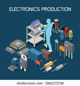 Semiconductor chip production isometric composition with icons of circuit elements editable text and character of worker vector illustration