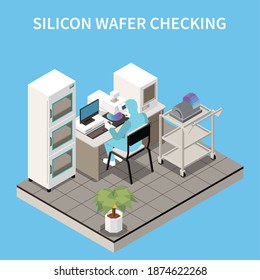 Semiconductor chip production isometric composition with character of worker in chemical suit sitting at factory appliance vector illustration