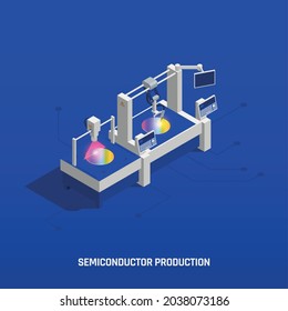 Semiconductor Chip Production Isometric Composition With Text And Image Of Work Station With Screens And Lasers Vector Illustration