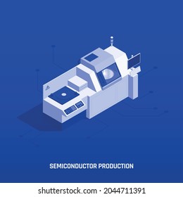 Semiconductor chip production isometric composition with image of work station with electronic appliances and editable text vector illustration