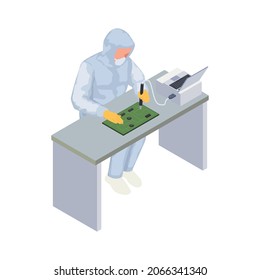 Semiconductor chip production isometric composition with view of workplace with worker soldering chips to circuit board vector illustration