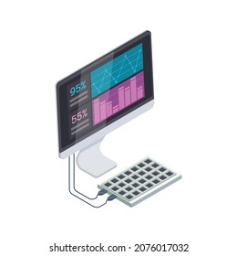 Semiconductor Chip Production Isometric Composition With Isolated Image Of Computer Testing Newly Made Silicon Chips Vector Illustration