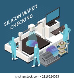 Semiconductor chip production isometric composition with three workers in chemical suits checking silicon wafers 3d vector illustration svg