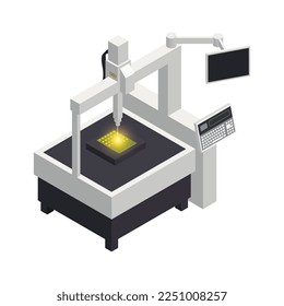 Semiconductor chip production isometric icons composition with isolated hi-tech facility image vector illustration