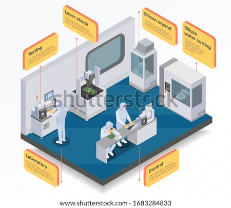 Semiconductor chip production isometric infographics with indoor department composition and connected blocks with editable text captions vector illustration