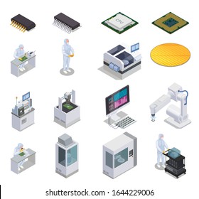 Semiconductor chip production isometric set of isolated icons with people microcontrollers and laboratory racks with computers vector illustration