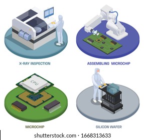 Semiconductor chip production isometric set of four round compositions with text and workers operating assembling stages vector illustration