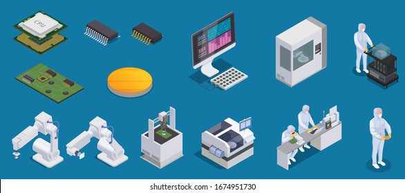 Semiconductor chip production isometric set with isolated icons of microprocessors production facilities and characters of workers vector illustation