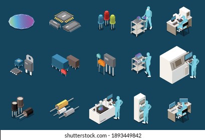 Semiconductor chip production isometric set with isolated icons of electronic components circuitry lab equipment and workers vector illustration svg