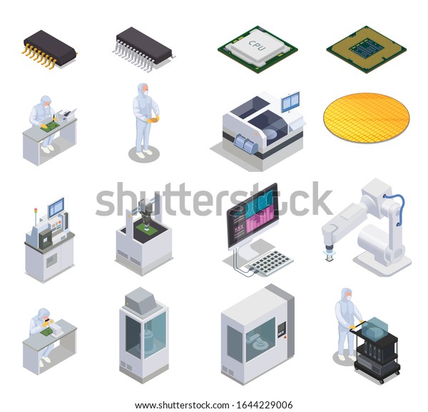 Semiconductor chip production isometric set\
of isolated icons with people microcontrollers and laboratory racks\
with computers vector\
illustration