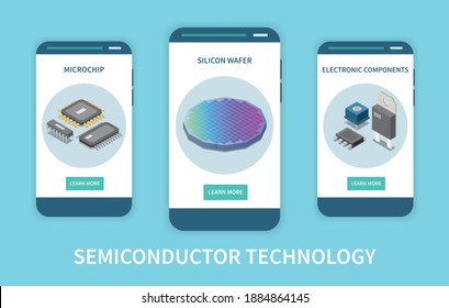 Semiconductor Chip Production Vertical Set Of Isometric Banners With Circuits Silicon Wafer And Electronic Components Icons Vector Illustration