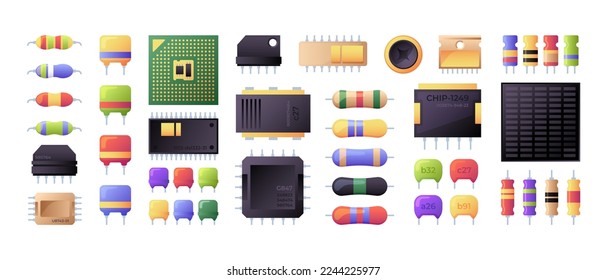 Semiconductor collection. Electrical components chip capacitor microchip processor battery resistor of semiconductor colleciton illustration component