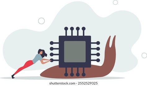 Semiconductor and computer chip shortage slow down world economic, supply chain problem impact electronics and car manufacturing.flat characters.