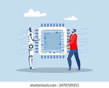 Semiconductor and computer chip supply chain,  businessman with robbot cooperation computer chip with creative for solution shortage electronics manufacturing problem concept