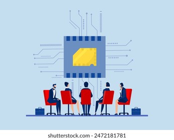 Semiconductor and computer chip supply chain, business people meeting project computer chip with creative for solution shortage electronics manufacturing problem concept