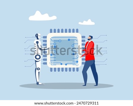 Semiconductor and computer chip supply chain,  businessman with robbot cooperation computer chip with creative for solution shortage electronics manufacturing problem concept