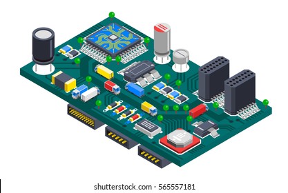 Semiconductor electronic circuit board isometric composition with silicon chips and cargo trucks driving on wire tracks vector illustration