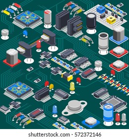 Semiconductor electronic circuit board isometric background with electrolytic capacitors processors and various microcomponents installed on backboard vector illustration