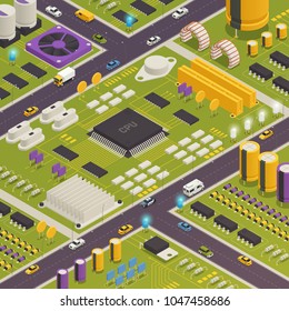 Semiconductor electronic components assembled on printed circuit board as city buildings streets traffic closeup isometric composition vector illustration 