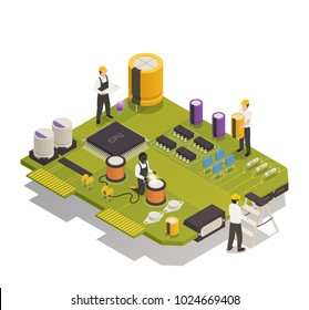 Semiconductor electronic components isometric composition with 4 men assembling resistors diodes on printed circuit board vector illustration 