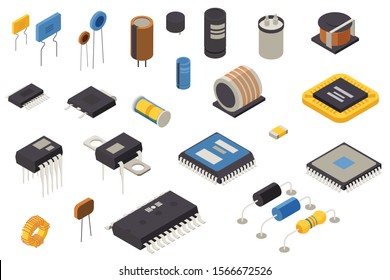 Semiconductor element production icons set with technology symbols isometric isolated vector illustration