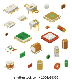 Semiconductor element set with production symbols isometric isolated vector illustration
