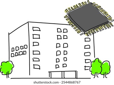 Semiconductor Factory and Electronic Devices hand drawing illustration, vector