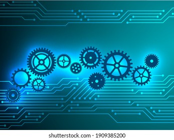 Concepto de combinación mecánica y electrónica de componentes de la rueda cognitiva de semiconductores y engranajes. Ilustración vectorial del circuito de la motherboard o del microchip, engranajes y engranajes. Diseño teal de fondo tecnológico.