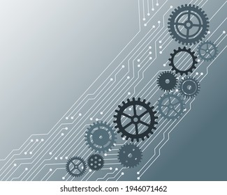Semiconductor and gear cogwheel components mechanical and electronic combination concept. Vector illustration of motherboard or microchip circuit, gears and cogs. Technological background gray design.
