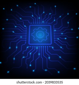 Halbleiter- und Zahnradkomponenten, mechanische und elektronische Kombinationskonzepte. Vektorgrafik von Motherboard- oder Mikrochip-Schaltungen, Zahnräder und Zahnräder. Technologisches Hintergrund, blaues Design.