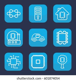semiconductor icon. Set of 9 outline semiconductor icons such as CPU, CPU in house, CPU in car