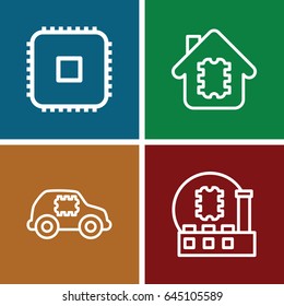 Semiconductor icons set. set of 4 semiconductor outline icons such as cpu, cpu in house